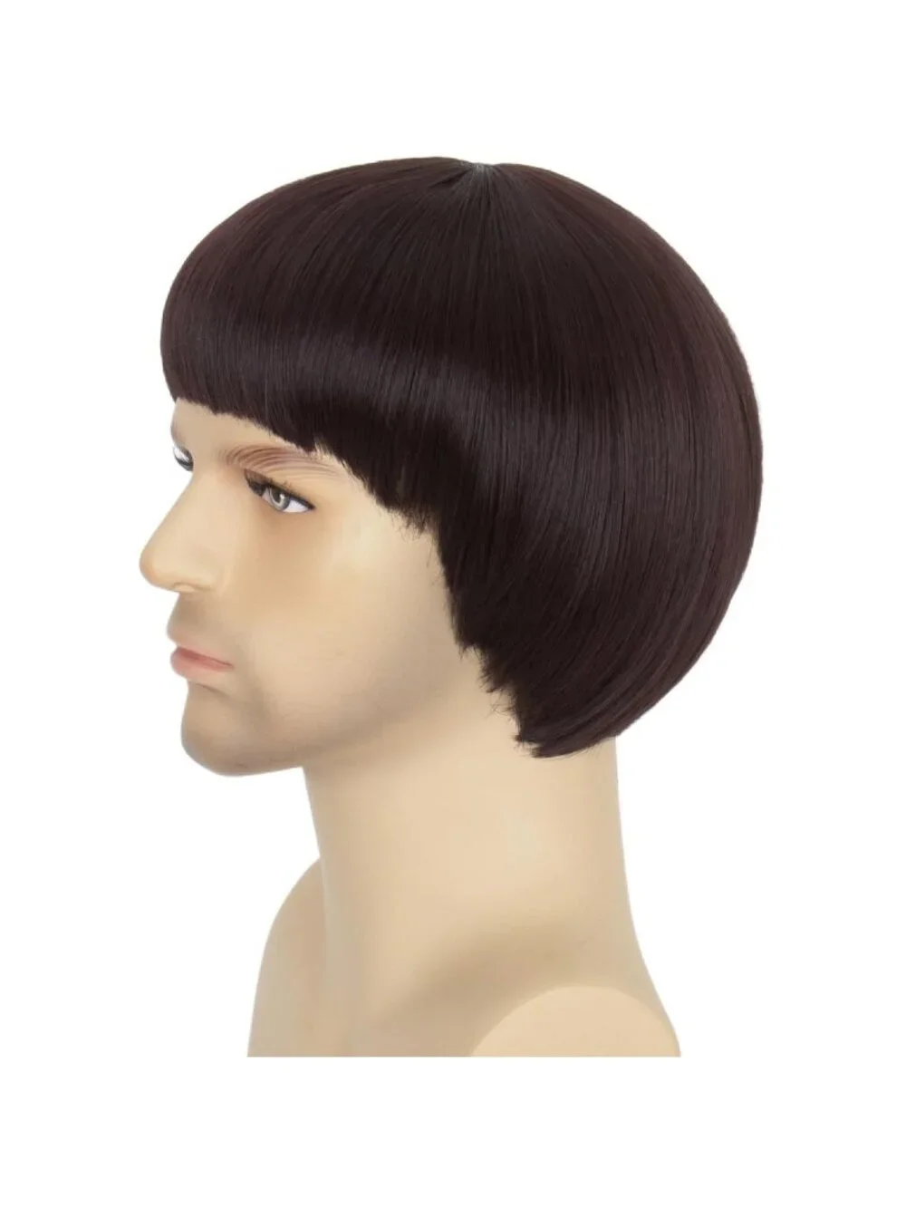 Men's Dark Brown Retro Bowl Cut Straight Synthetic Mushroom Hairpiece Bangs Wig